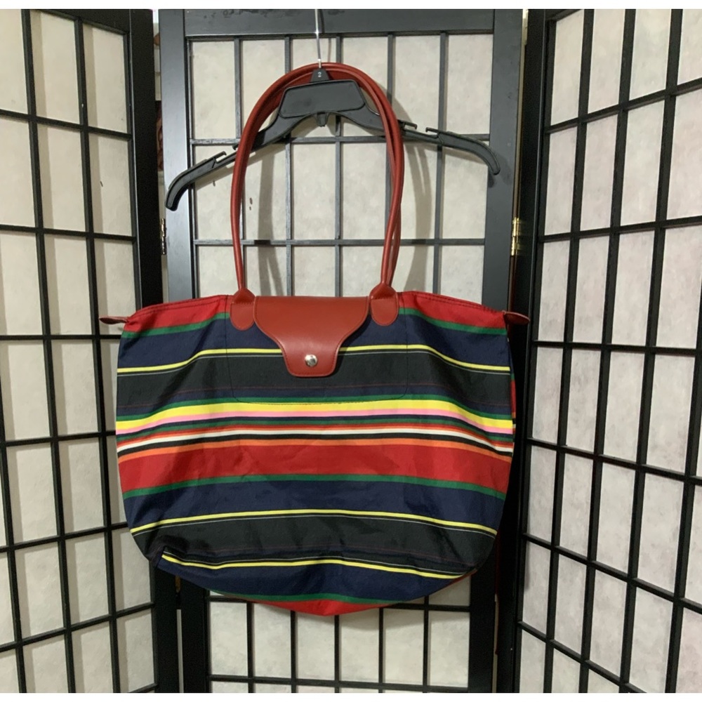 Joann Marie Designs Fold-up Long Handle Bag Tote Purse Beautiful Stripes Shirt